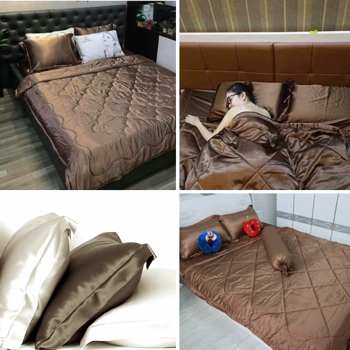 [HCM]BỘ CHĂN GA GIƯỜNG DRAP GỐI PHI LỤA CAO CẤP LAN BEDDING - NÂU