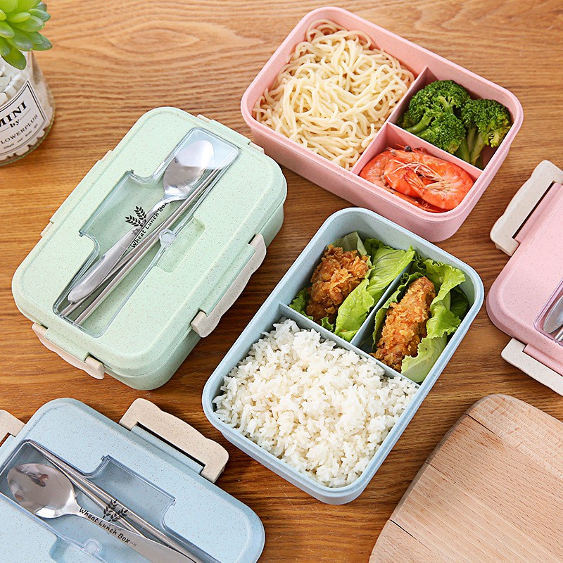 Hộp Đựng Cơm Lúa Mạch 3 Ngăn Kèm Thìa Đũa Inox