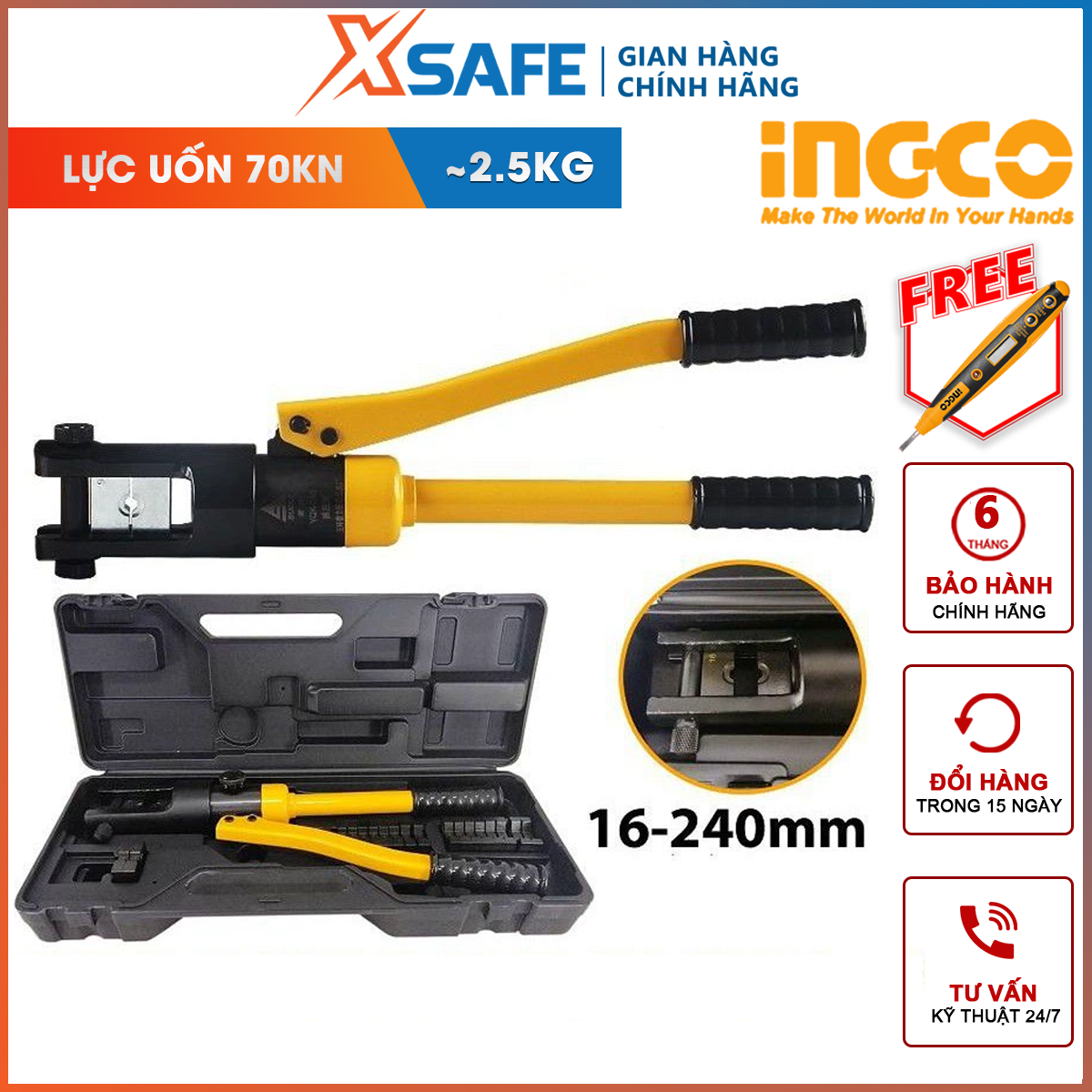 Kìm uốn ống thủy lực INGCO HHCT01240 | kìm ép cốt thủy lực đai ốc size 16-240mm2 bộ vòng chữ o dùng để ép chặt đầu cos với dây điện, dây cáp giữ dính chặt với nhau
