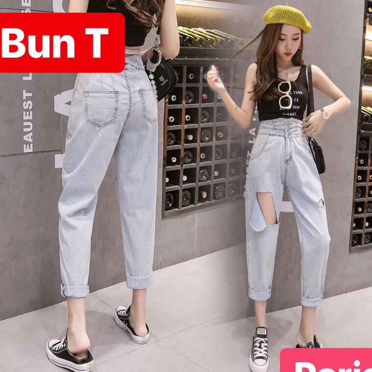 QUẦN BAGGY JEAN NỮ CHẤT BÒ XANH RÁCH 3 CÚC KIỂU LƯNG CAO NÂNG MÔNG T&T-036 - TRANG BUN FASHION