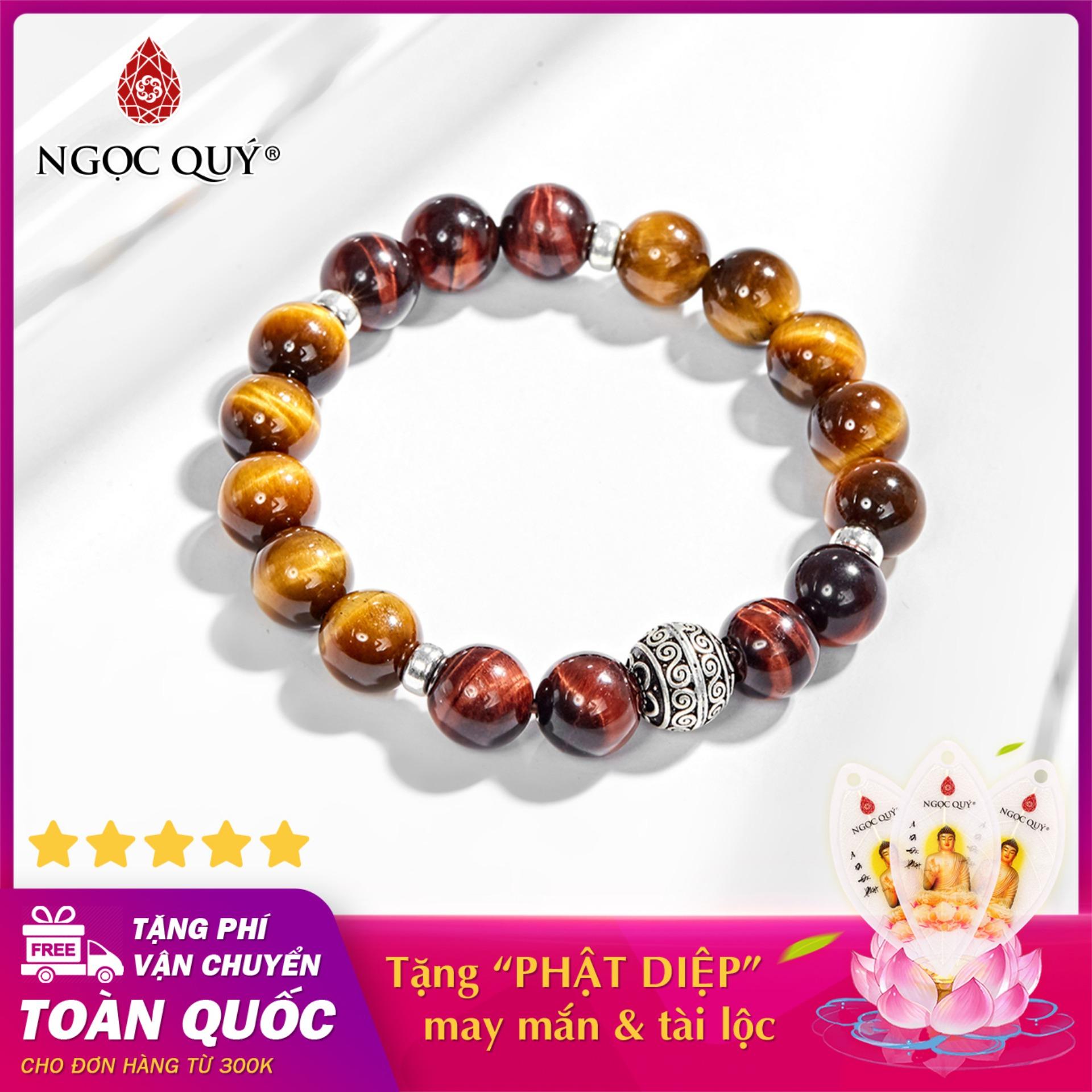 Vòng tay đá mắt hổ phối charm tròn bạc 925 10mm mệnh thổ, kim - Ngọc Quý Gemstones