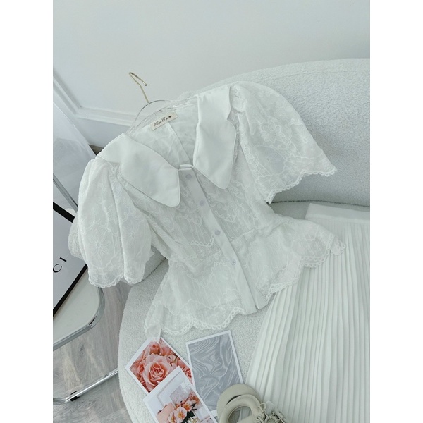 Set trắng áo ren chân váy dập li midi