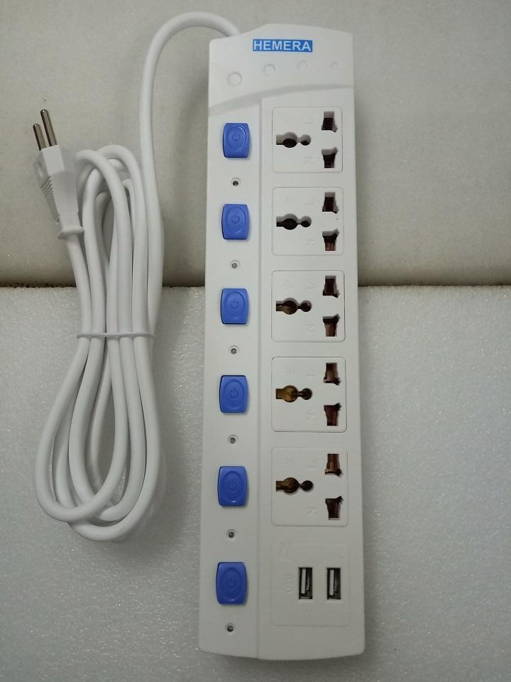 Ổ cắm điện đa năng Hemera 5 lỗ 220v + 2 cổng sạc USB - loại tốt