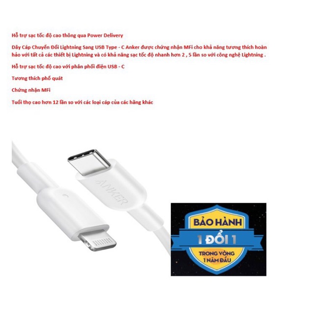 Cáp Chứng nhận MFI Anker PowerLine II USB-C to Lightning 0.9m -