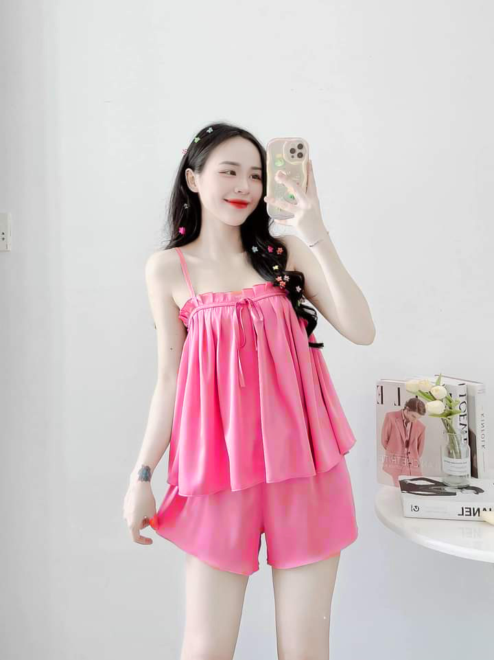 Đồ bộ đùi dây phối ren vải phi lụa mềm mại freesize 45-57kg đồ bộ đùi vải phi lụa mềm mát