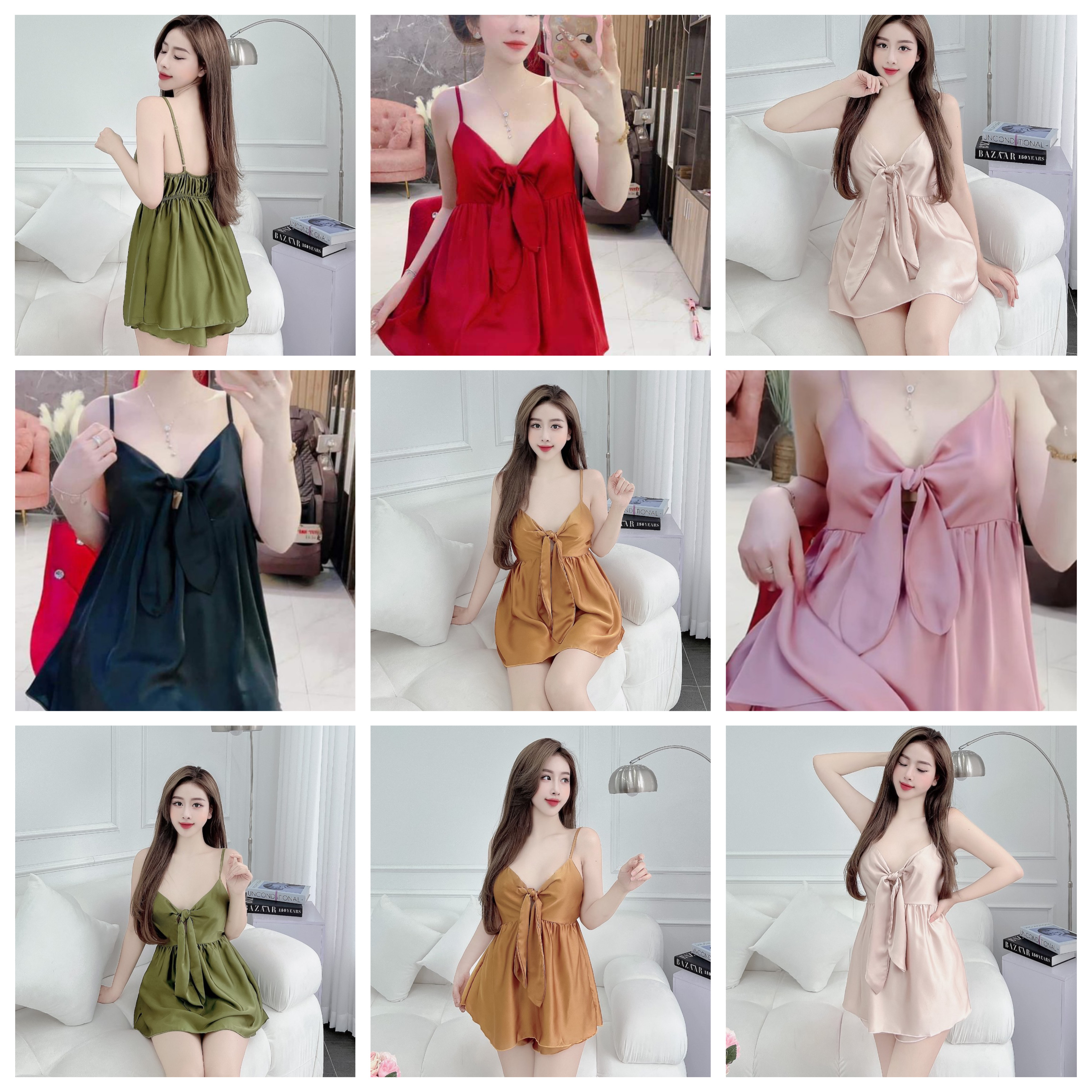 [Vải Lụa Satin LOẠI 1] Set Đùi Lụa Satin Hai Dây Nơ Xịn Mịn Mềm Mát Freesize 60kg - Đồ Bộ Mặc Nhà Dễ Thương