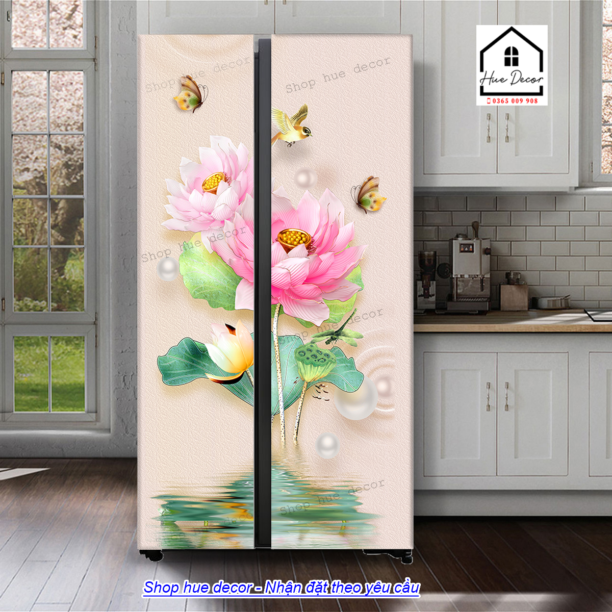 Decal dán tủ lạnh 2 cánh, Decal dán tủ lạnh 4 cánh, giấy dán tủ lạnh 2 cánh, giấy dán tủ lạnh 4 cánh hue decor họa tiết hoa sen hồng chống nước sẵn keo, siêu bền giá tốt, nhận thiết kế theo yêu cầu