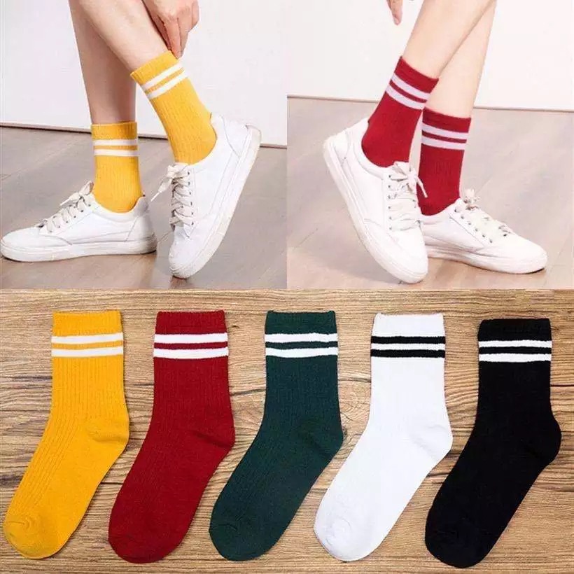 Tất vớ Cotton nhún cổ cao unisex kẻ ngang phong cách dành cho nam và nữ