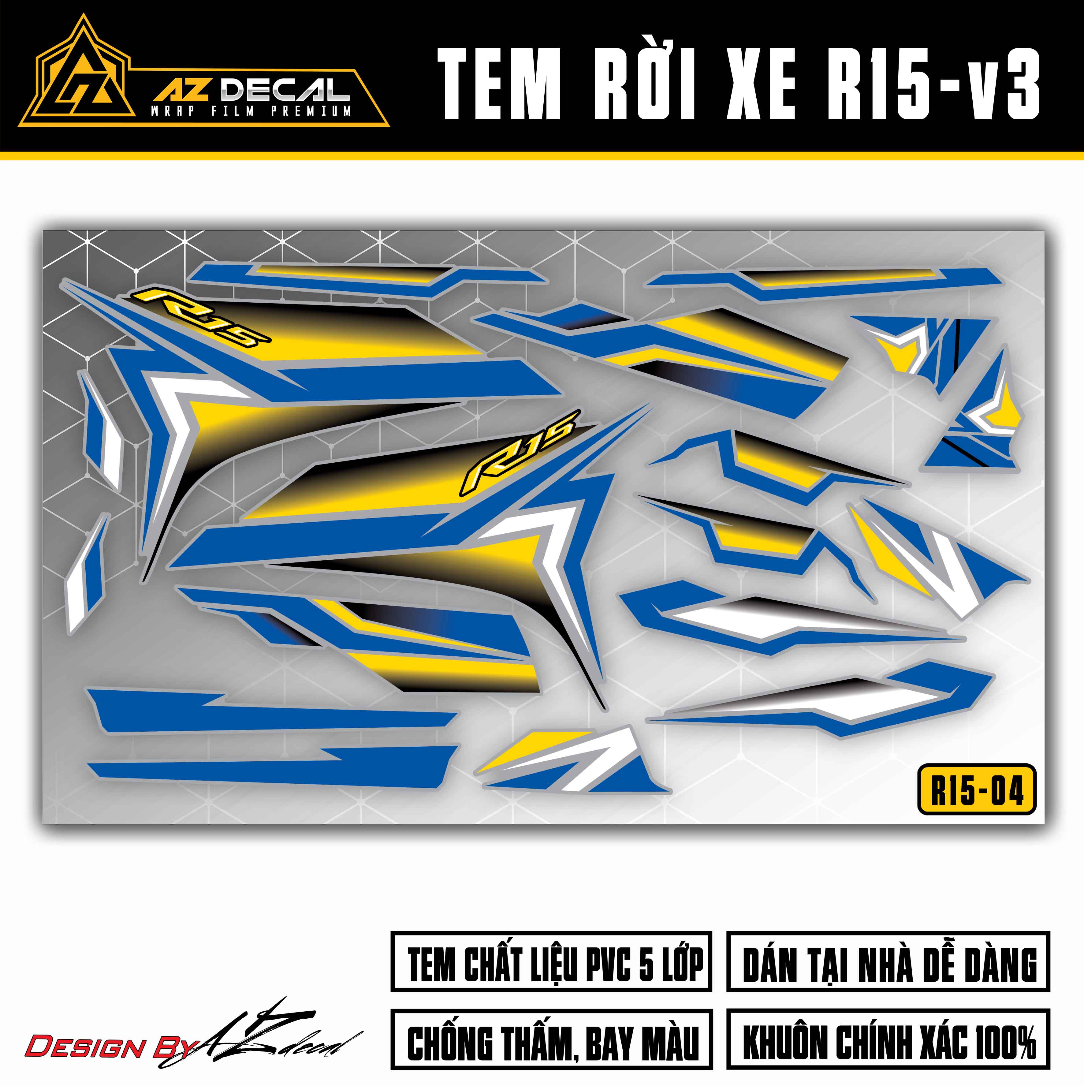 Decal dán xe r15v3 mẫu tem chỉ | r15v304 | tem rời dán xe màu đen, đỏ, vàng, xám, xanh gp - azdecal
