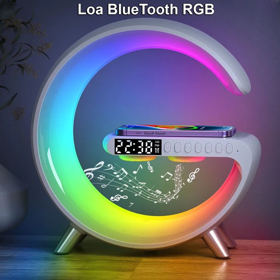 Bluetooth music speaker management by app, nightlight bedroom decor multicolors sensor along with the music, đế rechargeable backup wireless super convenient, alarm clock smart shaped G nimocha