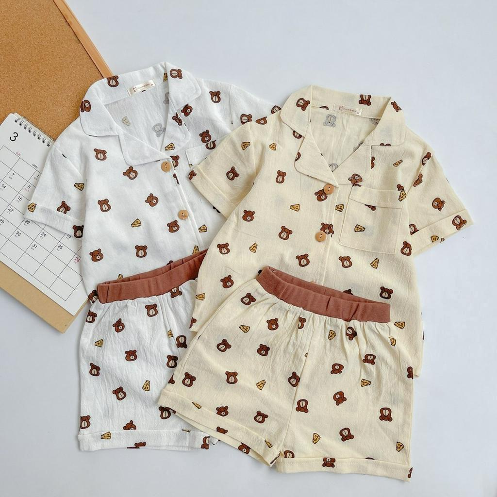 Bộ ngủ bé gái/ bé trai. Pijama bé gái/ bé trai. Set bộ ngắn tay Pijama minium baby fashion gấu phomai