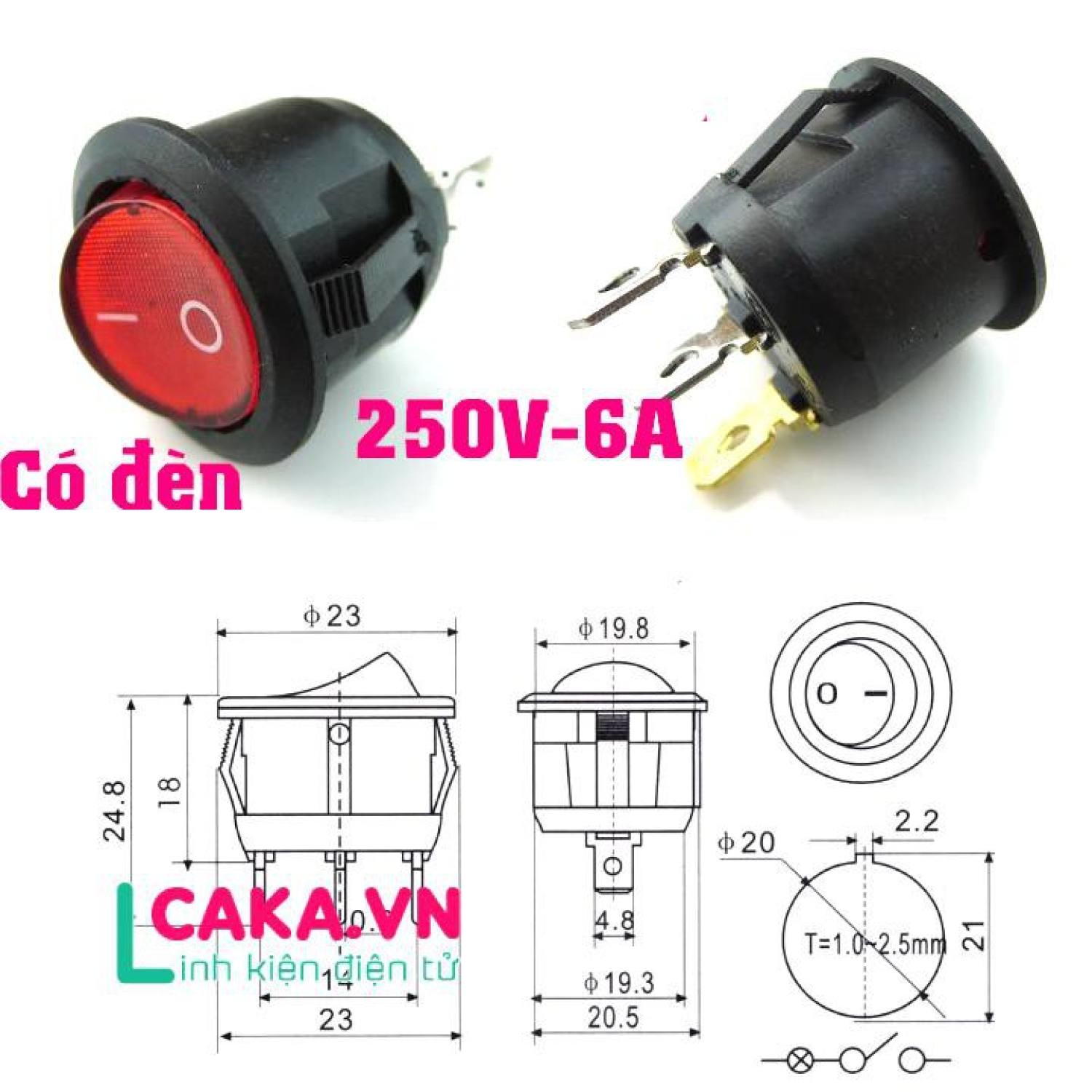 [Có Đèn] Công tắc tròn On Off 250V 6A KCD1 có đèn báo