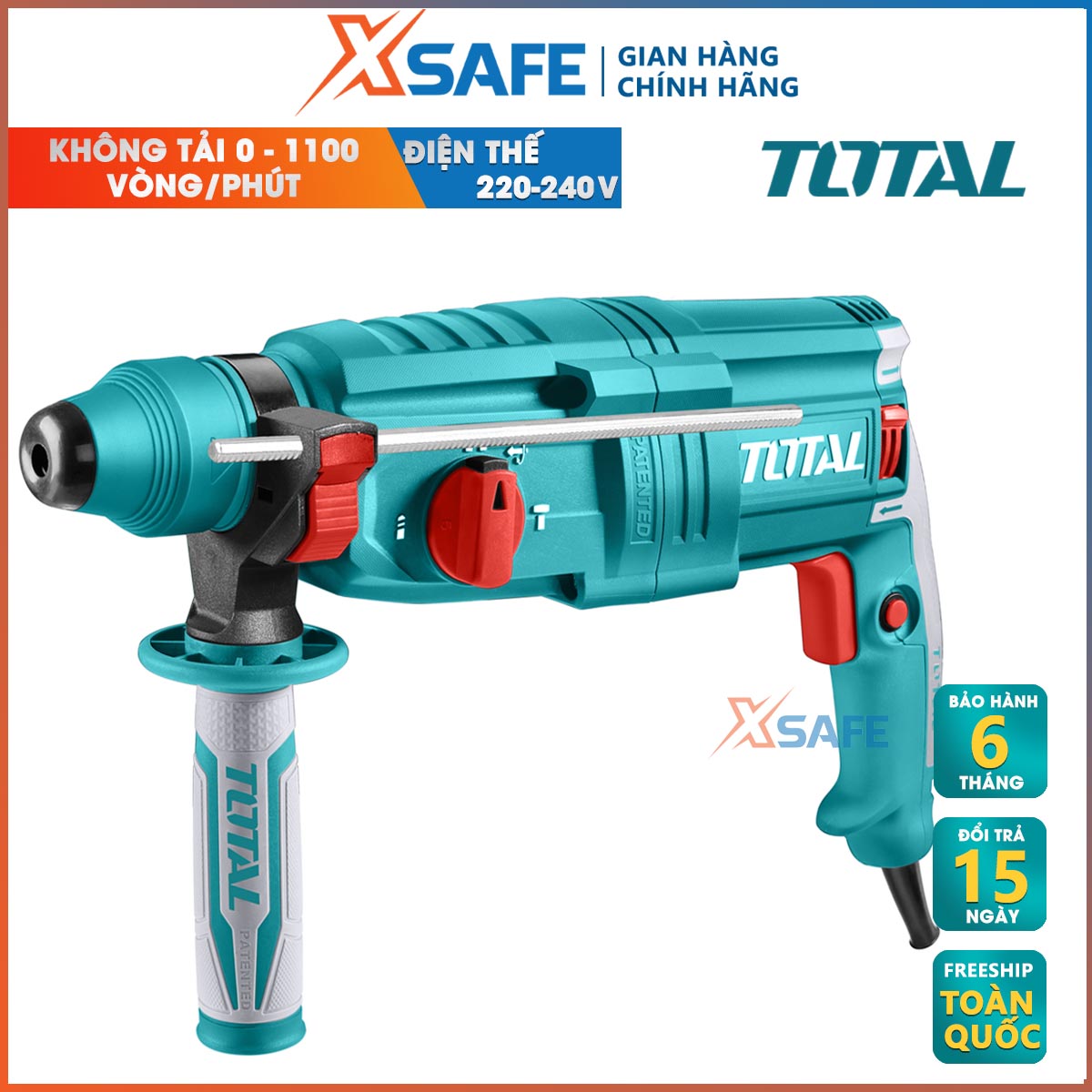 Máy khoan cầm tay 3 chức năng 800w total th308268 tốc độ 1100 rpm, tốc độ búa 4000bpm, lực đập 2.5j, khả năng khoan bê tông 26mm, khoan sắt 13mm, gỗ: 30mm, kèm 3 mũi khoan bê tông, 2 mũi đục máy khoan đục bê tông