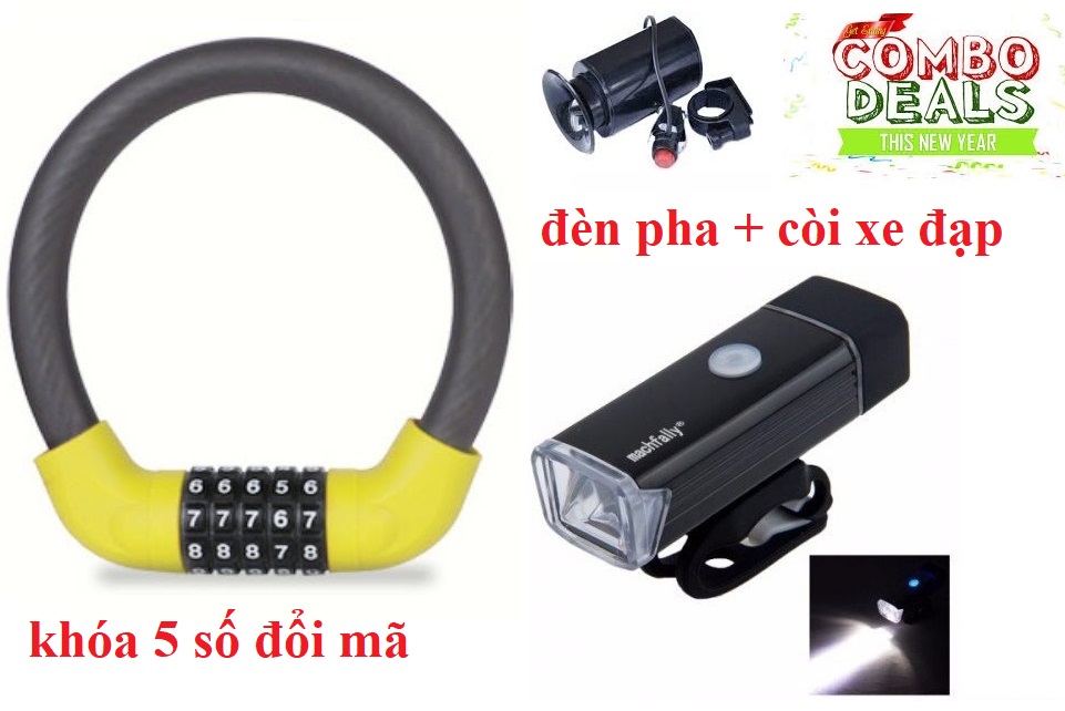 Combo: Khóa xe đạp, xe máy 5 số đổi được mật khẩu+đèn pha xe đạp +còi xe đạp