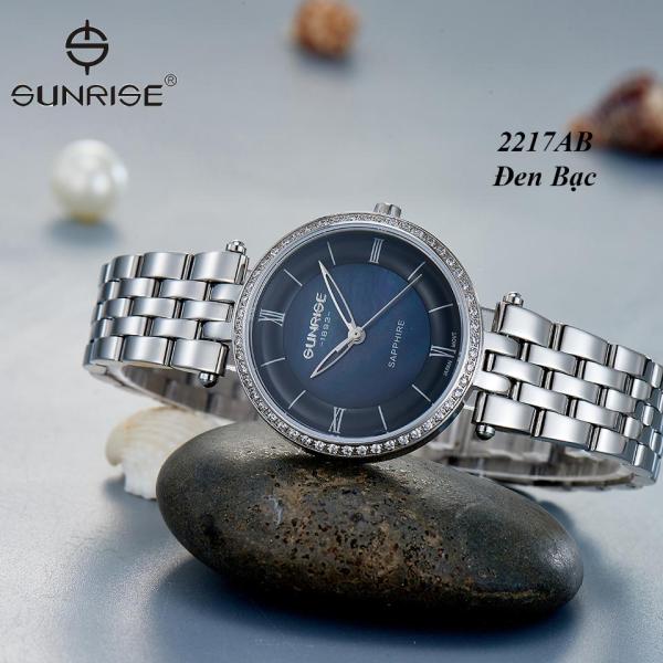 Đồng hồ nữ siêu mỏng Sunrise 2217AB Đính Đá Fullbox hãng kính Sapphire chống xước (Đen Bạc)