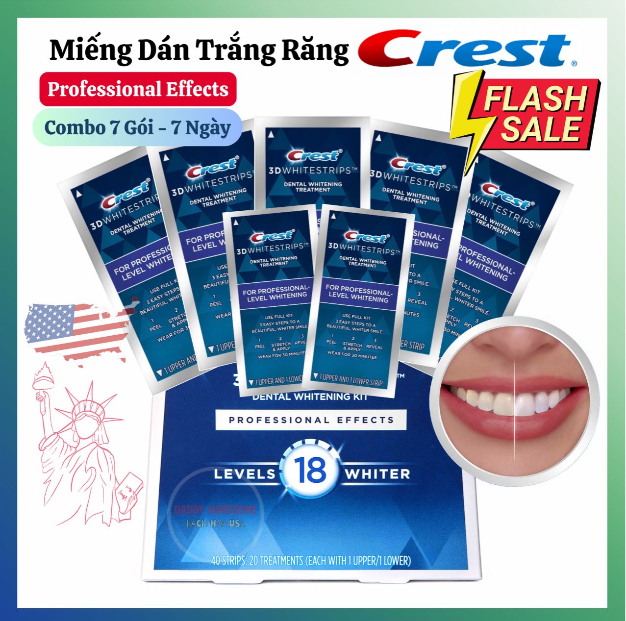 Combo 7 gói miếng dán trắng răng Crest 3D White loại Professional Effects chính hãng Mỹ