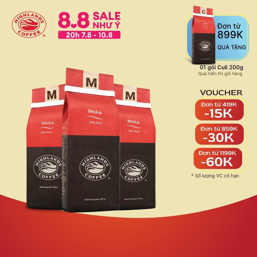 [Free 01 Highlands Stainless Steel Filter] Combo of 3 Moka Highlands Coffee Roasted and Ground Coffee 200g (Gift Included, Shown in the Cart, Please Check Carefully)