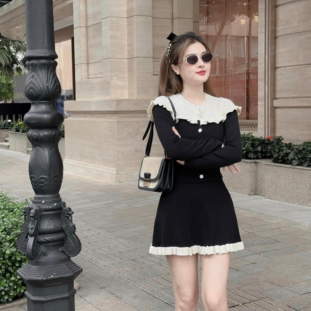Set bộ len tăm cúc bọc cổ bèo xiêu xinh