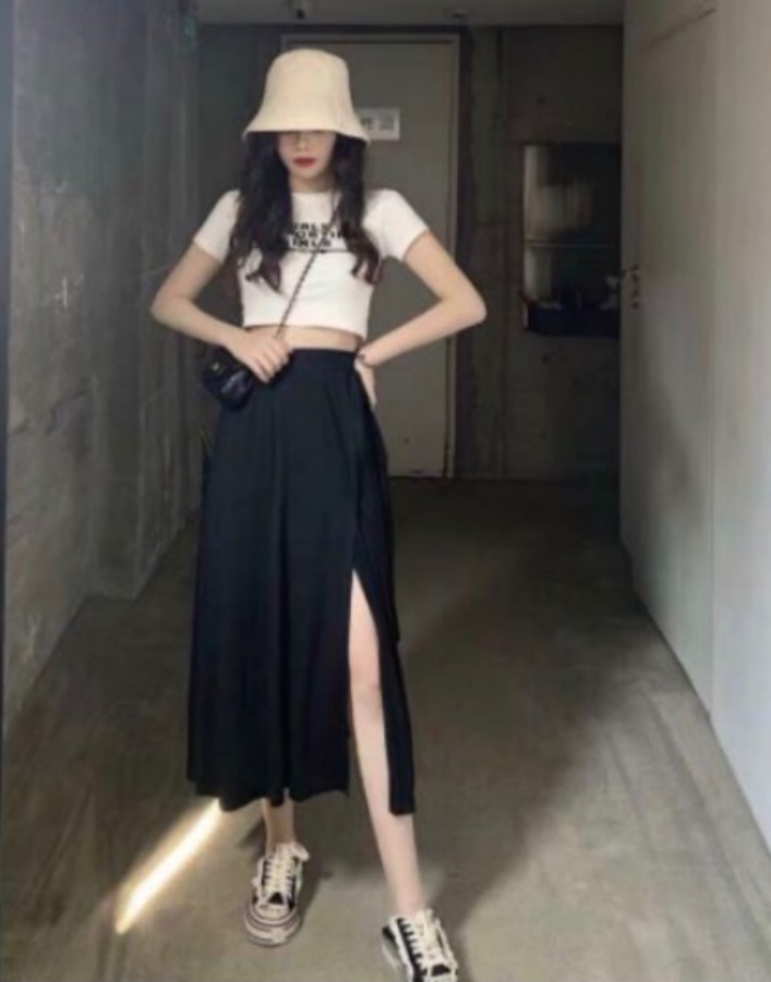 [HCM]Set váy rời áo tay ngắn in chữ chân váy xẻ tà