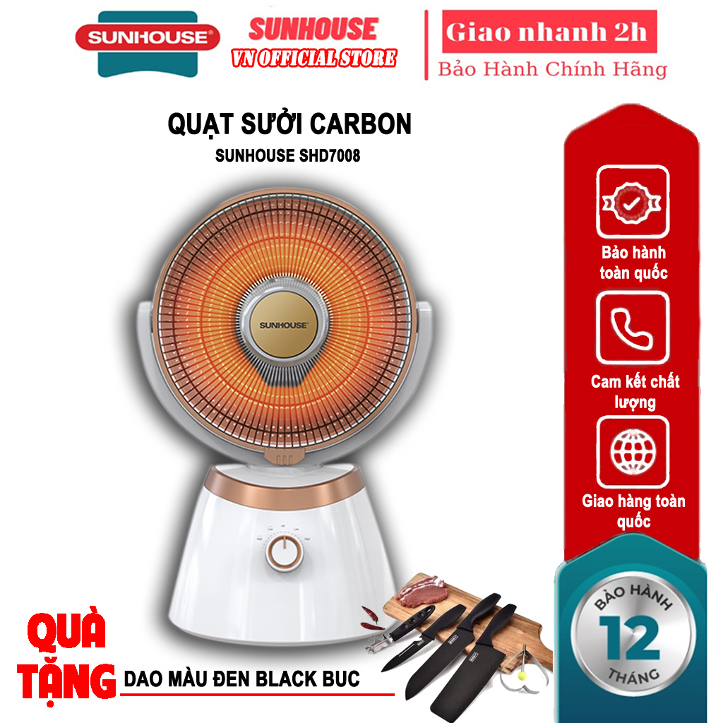 Quạt sưởi carbon Sunhouse SHD7008 + tặng dao làm bếp màu đen