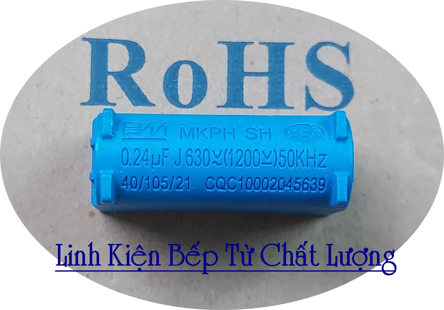 Tụ bếp từ mkph 0.24uf 630vac 1200vdc dáng đứng, mới chính hãng bm.