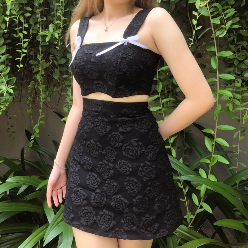 Set croptop corset thắt nơ + chân váy A (có tách lẻ) [Shi.Lingerie]