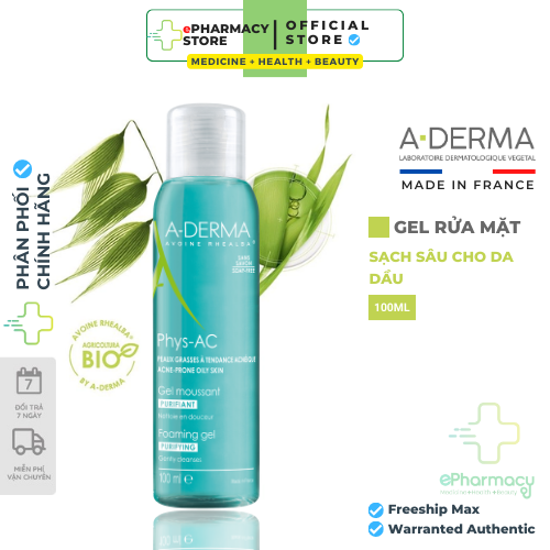 Aderma Sữa Rửa Mặt A-DERMA Phys-AC Purifying Foaming Gel cho da dầu mụn, nhạy cảm 100ml