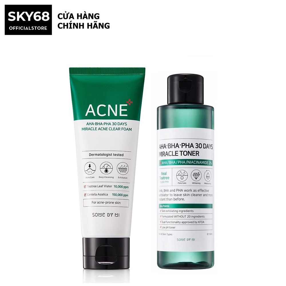 Combo Giảm Mụn, Loại Bỏ Bụi Bẩn, Dầu Thừa Trên Da Some By Mi AHA-BHA-PHA 30 Days Miracle ( SRM Acne 100ml + Toner 150ml )