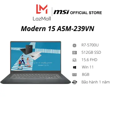 Laptop MSI Modern 15 A5M 239VN (R7-5700U | 8GB DDR4 | SSD 512GB PCIe | VGA Onboard | 15.6 FHD IPS | Win11|Gray Carbon)- Hàng Chính Hãng - Bảo hành 1 năm