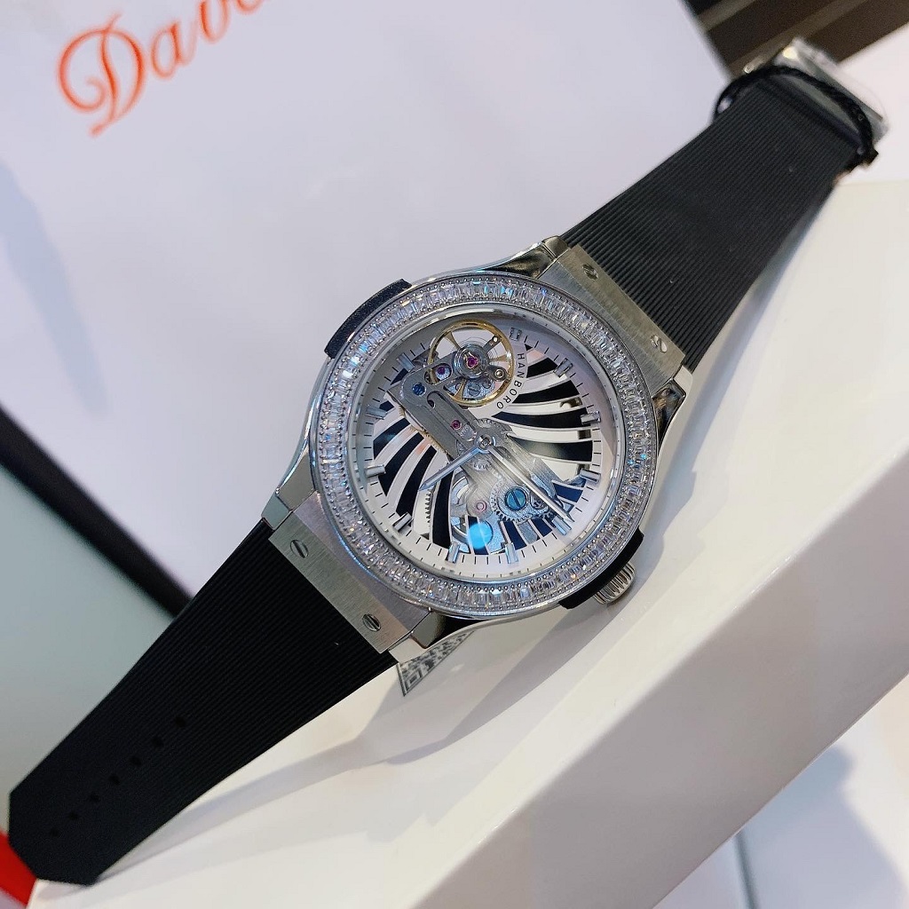 [HCM]Đồng Hồ Nữ Hanboro Automatic Dây Silicon Đen Silver Chính Hãng 36mm