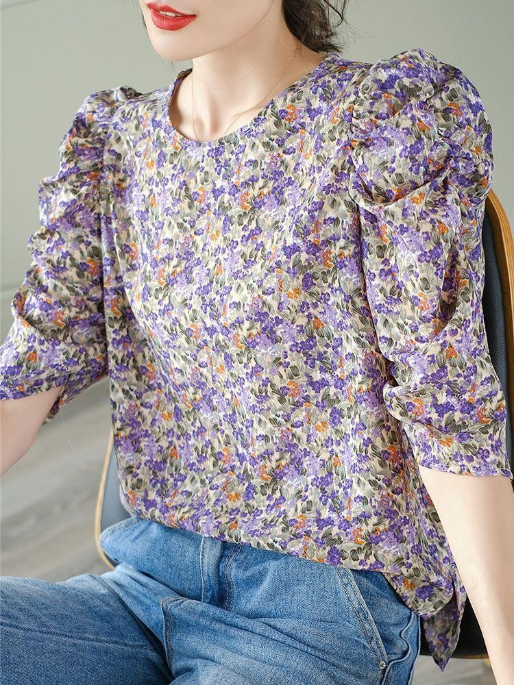 [HCM]ÁO HOA CỔ TRÒN TAY NHÚN PHỒNG SIÊU XINH