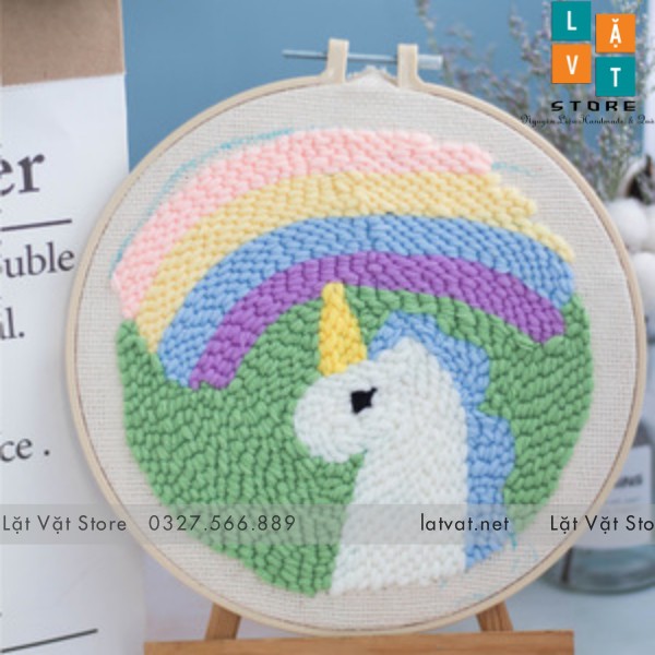 Bộ thêu len xù trang trí decor kỳ lân sắc màu - punch needle - có video hướng dẫn cơ bản