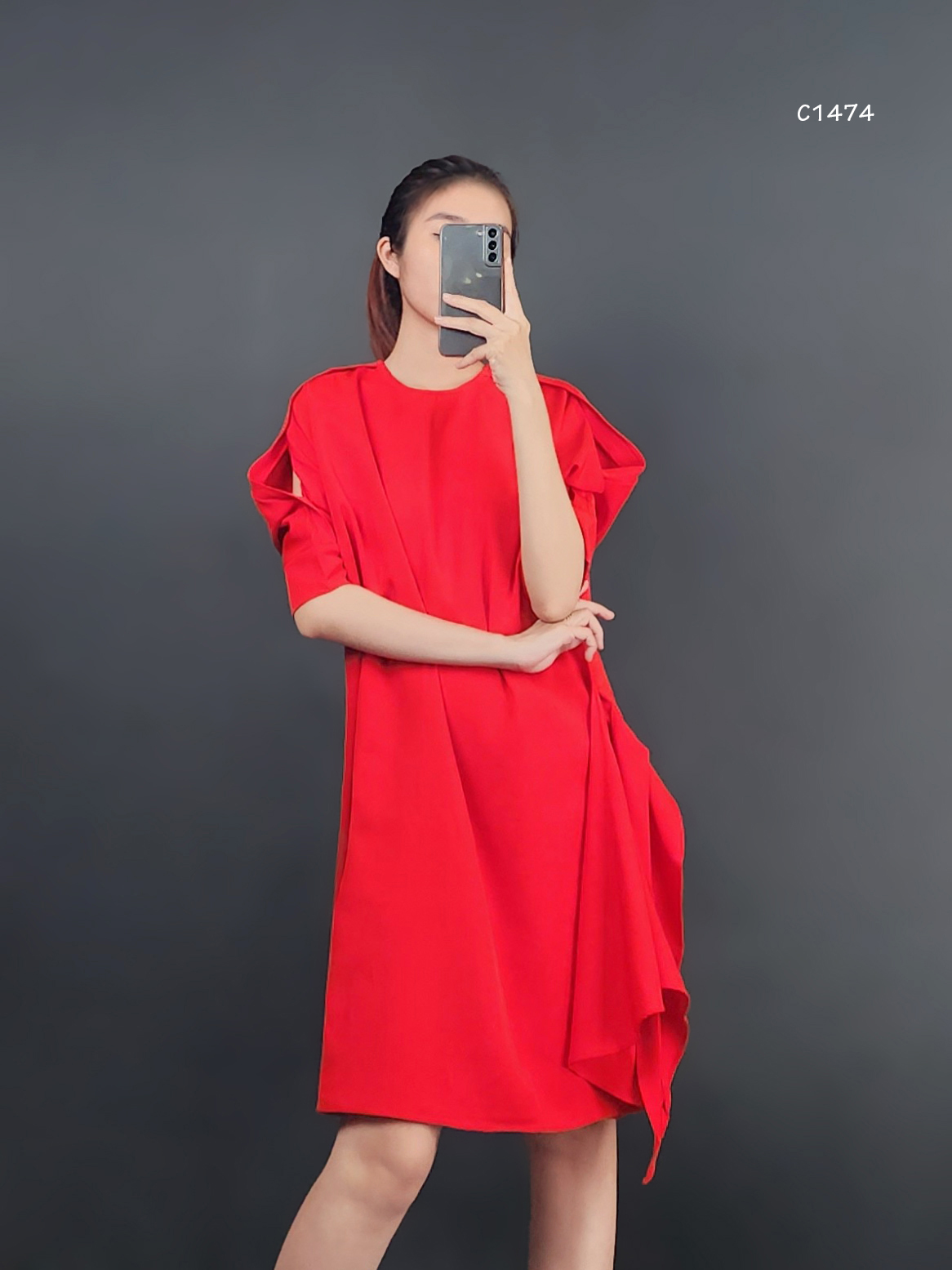 C1474 - đầm mango cổ tròn, tay lở, xẻ tay, xẻ hông, cột nơ