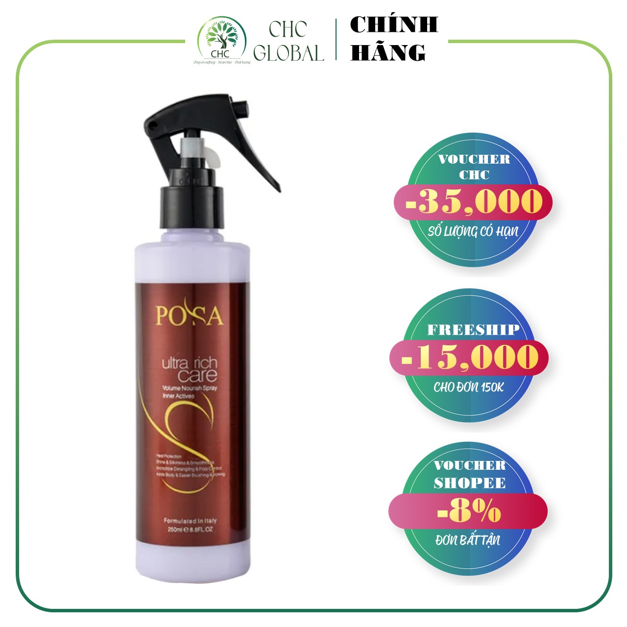 Xịt dưỡng tóc phục hồi Posa Volume Nourish Spray 250ml