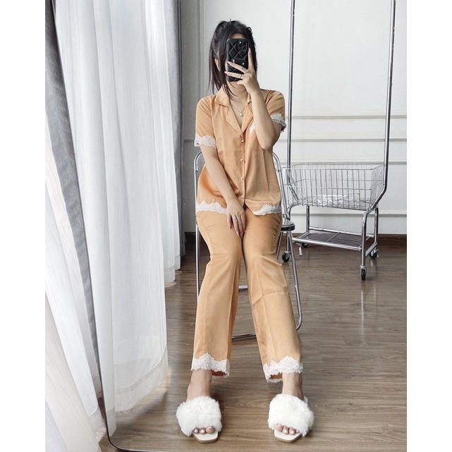 Sn846 - bộ pyjama lụa nữ cộc tay quần dài phối ren trắng