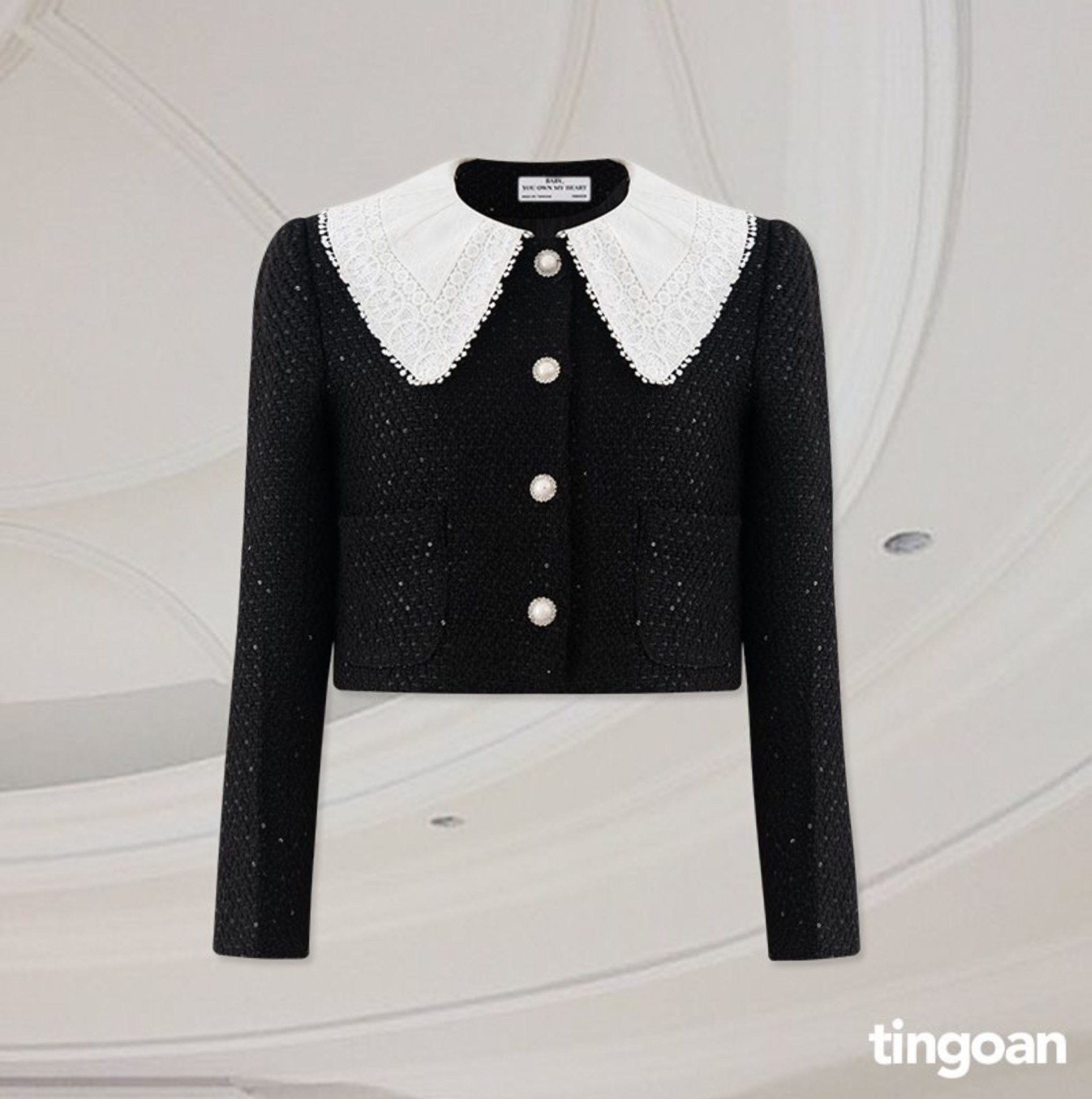 Tingoan® - áo khoác tweed đen dáng lửng phối cổ bẻ trắng mood for love jacket/bl