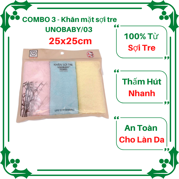 [HCM]Combo 3 - Khăn mặt sợi tre UNOBABY/03 25x25cm. Sản xuất từ nguyên liệu thiên nhiên,an toàn cho da.