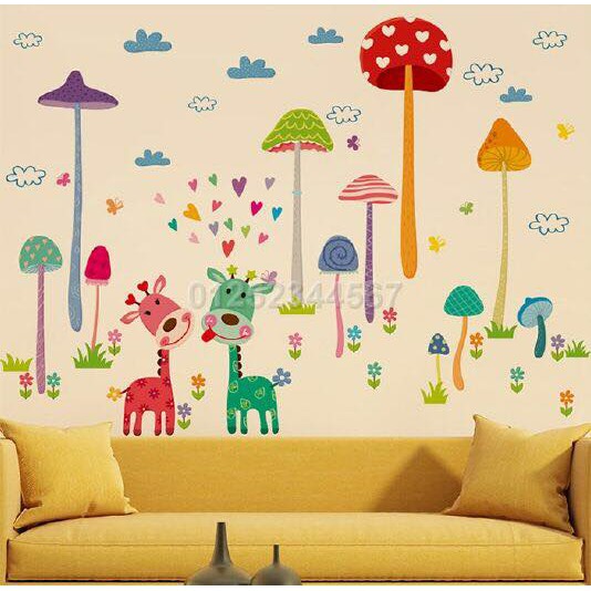 Decal dán tường nấm và hươu