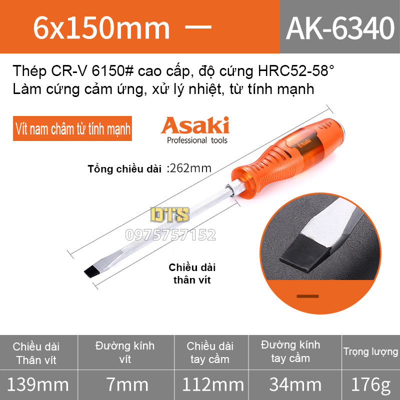 Tô vít đóng 2 cạnh, đầu dẹp Asaki thân lục giác, thép cứng CR-V cao cấp HRC55, có từ tính mạnh, tua vít đóng Nhật, tuốc nơ vít đóng dẹp chống va đập, tô đóng, to vit dong, tua vit dong