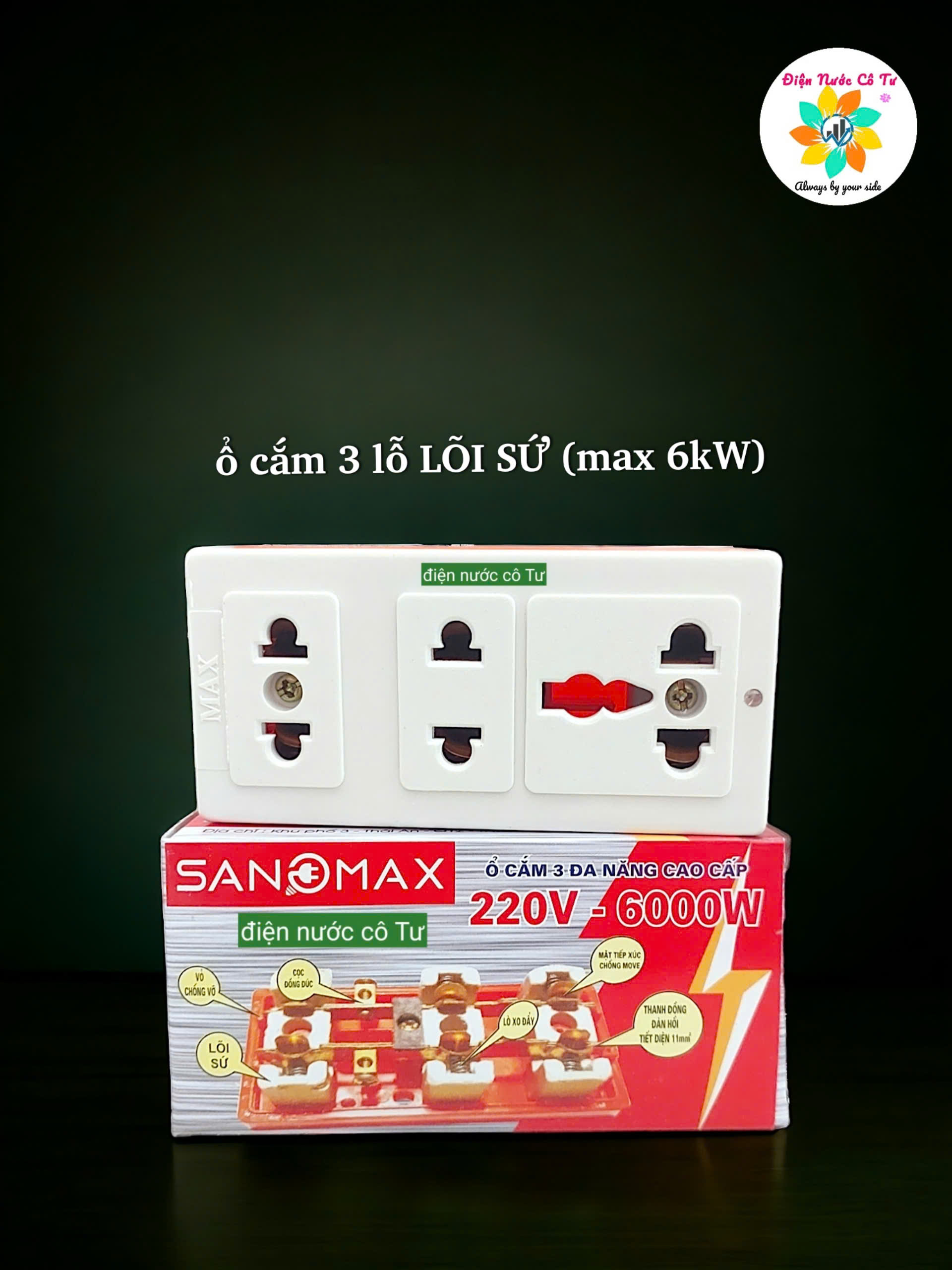 Ổ cắm điện 3 lỗ lõi sứ chịu nhiệt chịu tải cao 6000w sanomax