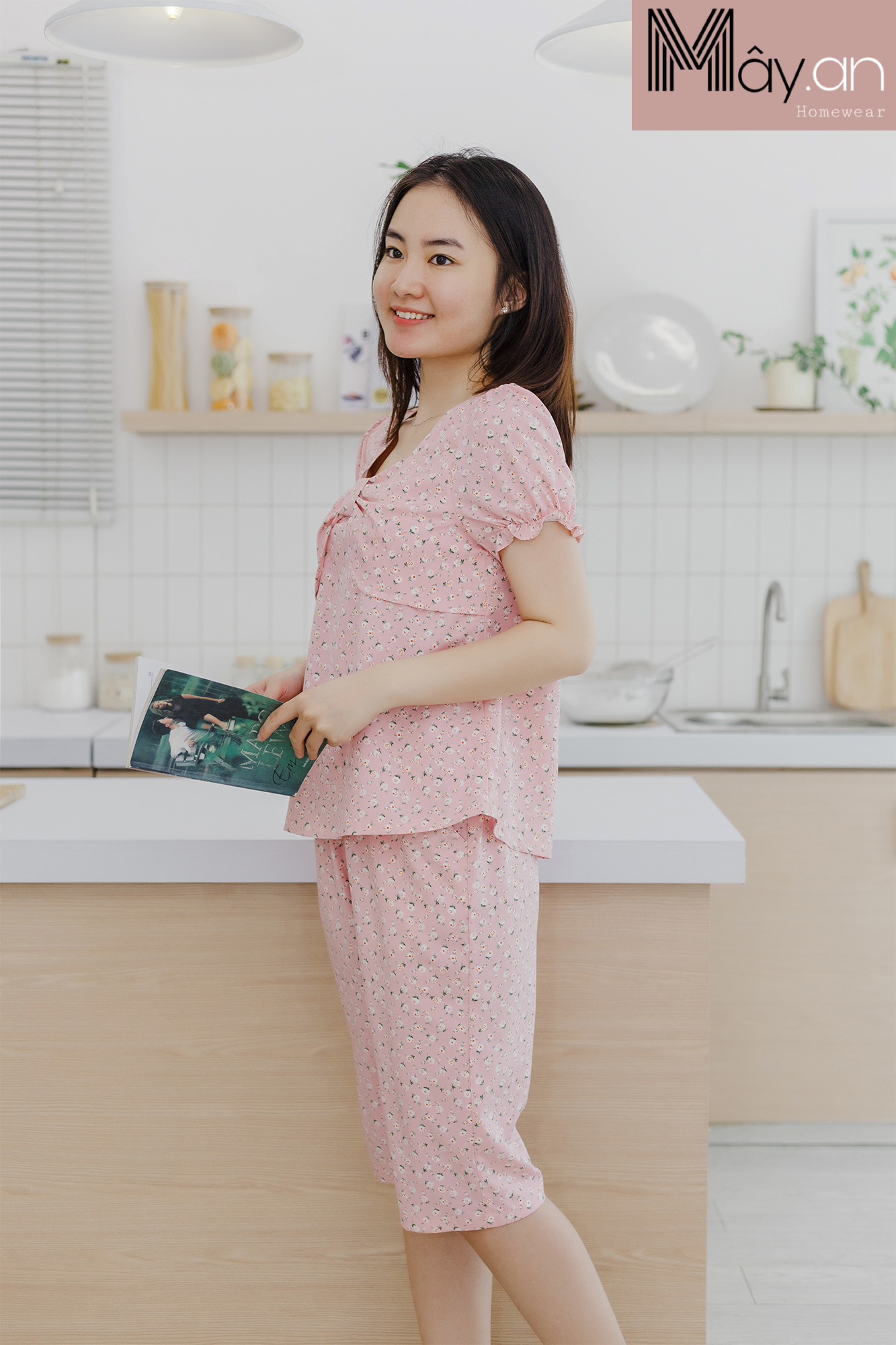 Đồ mặc nhà MÂY áo cổ nơ quần dài lụa Nhật