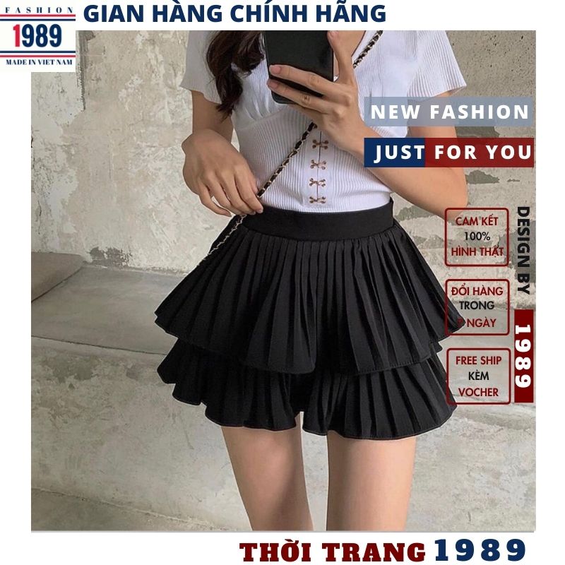 chân váy tenis nữ _chân váy xòe vintage gợi cảm kiểu dáng hàn quốc ,2 tầng mầu trắng đen có quần bên trong đi chơi tự tin năng động ,thời trang 1989