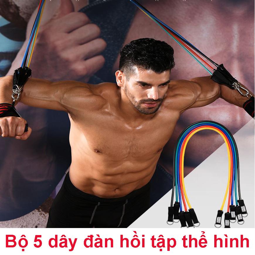 Dây đàn hồi tập gym, bộ 5 dây đàn hồi. dụng cụ tập gym tại nhà - dây đàn hồi tập thể hình, nhiều tư thế khác nhau, thích hợp cho cả nam nữ tập gym. phân phổi bởi lucky store sg.