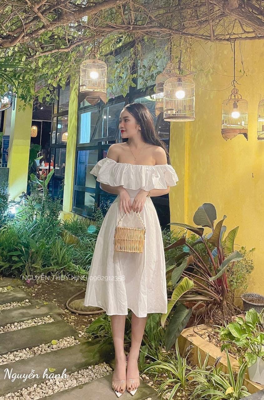 Đầm trễ vai tiểu thư midi bigsize Kim Ngân ( 50 kg đến 90 kg ) ( đầm tết )
