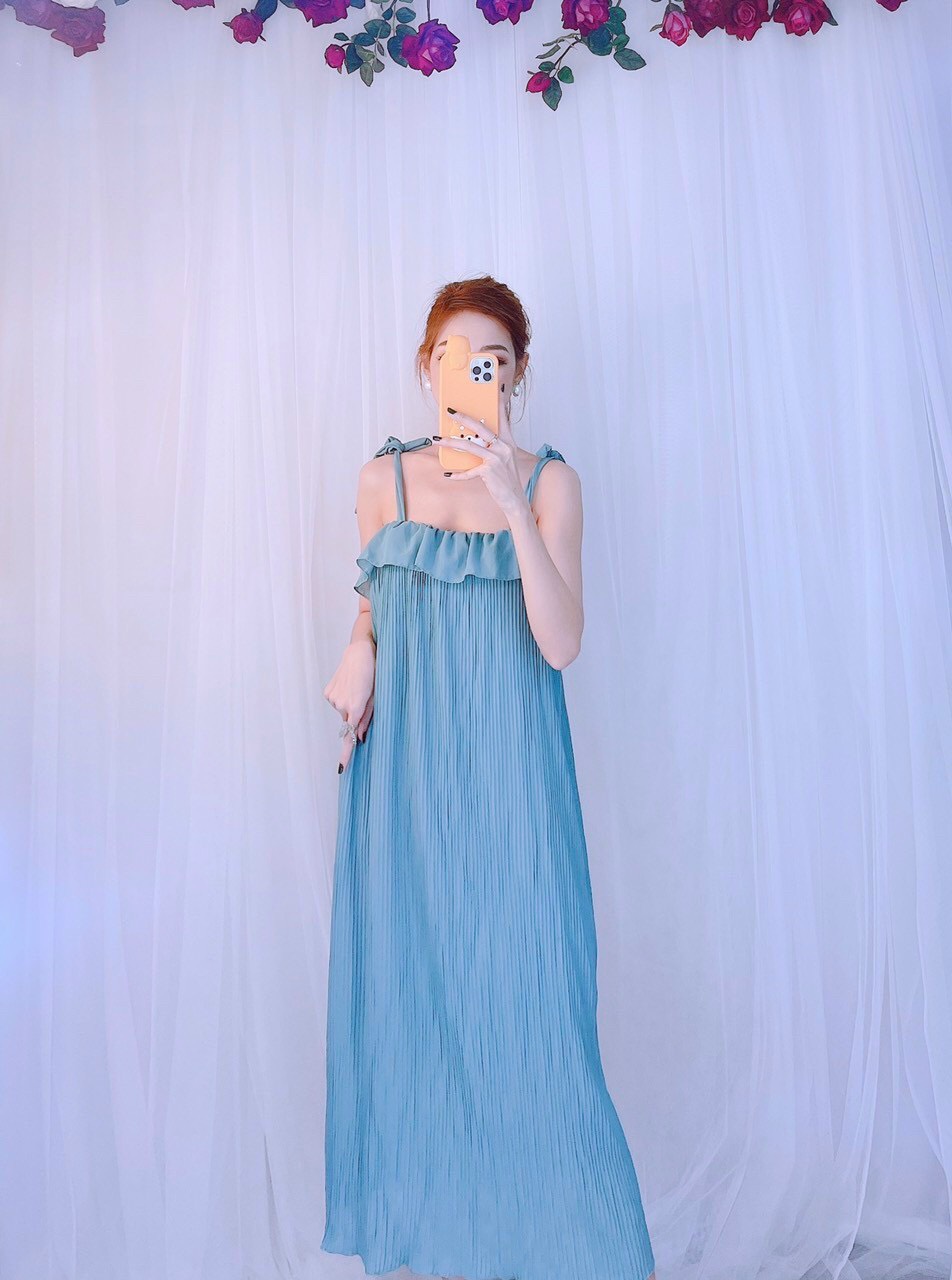 Đầm maxi hai dây cột nơ vai+  ảnh thật mẫu mặc