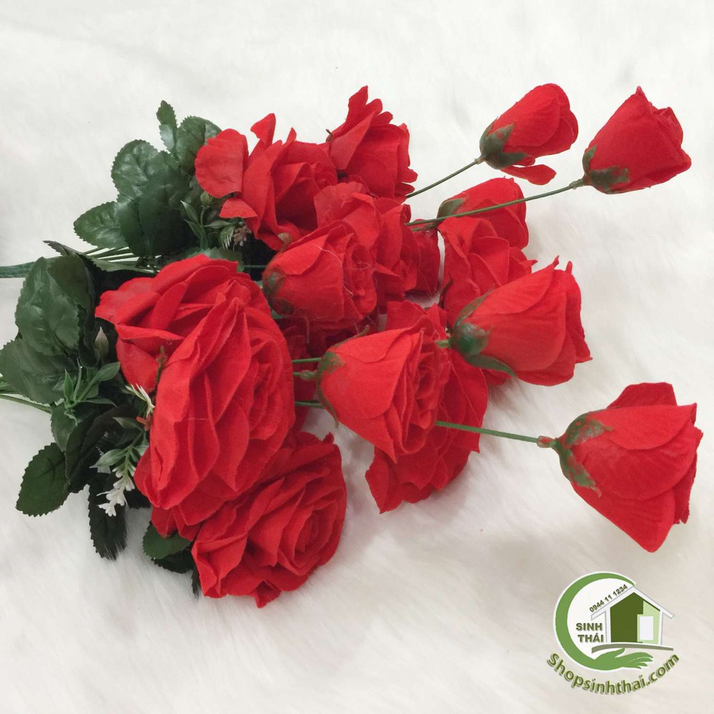 Bụi hoa hồng giả hoa hồng vải lụa cao cấp cỡ lớn gồm 10 bông to cao 50cm