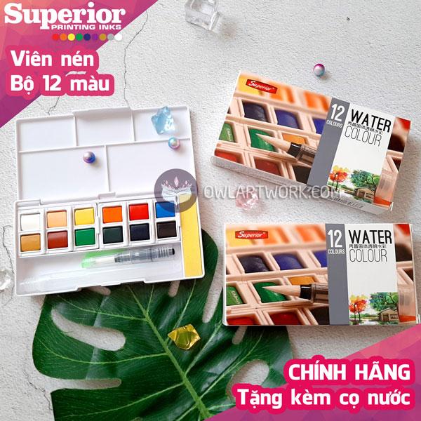 Mua Màu Nước Superior Viên Nén Set 12 Màu Tặng Kèm Cọ Nước