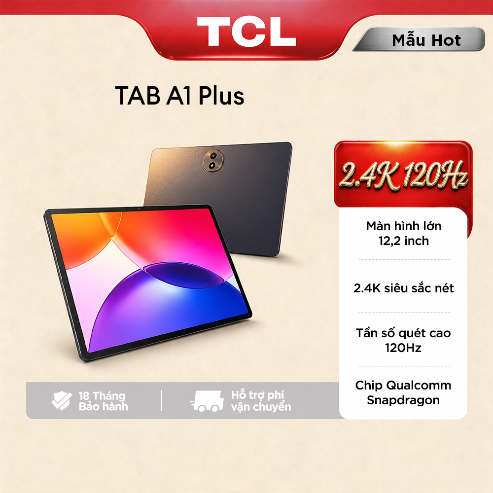 【Tablet 2.4K 120Hz】Máy tính bảng TCL A1 TAB Plus 12.2 inch 2.4K Sắc Nét – Tần Số Quét Cao 120Hz – Chip Qualcomm Snapdragon 4 Gen 2 – Thiết kế kim loại – Hàng mới ra mắt – Bảo hành 18 Tháng – Hàng chính hãng