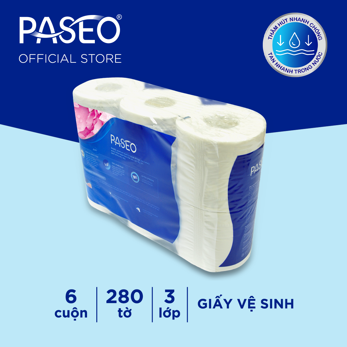 Giấy vệ sinh cao cấp Paseo dai,mềm mịn (6 cuộn 3 lớp)/lốc