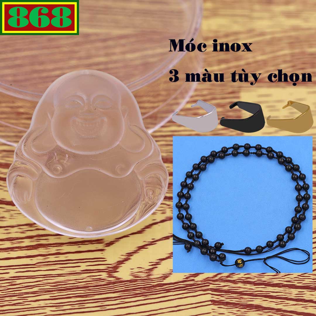 Face Buddha Maitreya Crystal White attached necklace beads chain Black Stone + hook stainless steel, pendant laughing Buddha